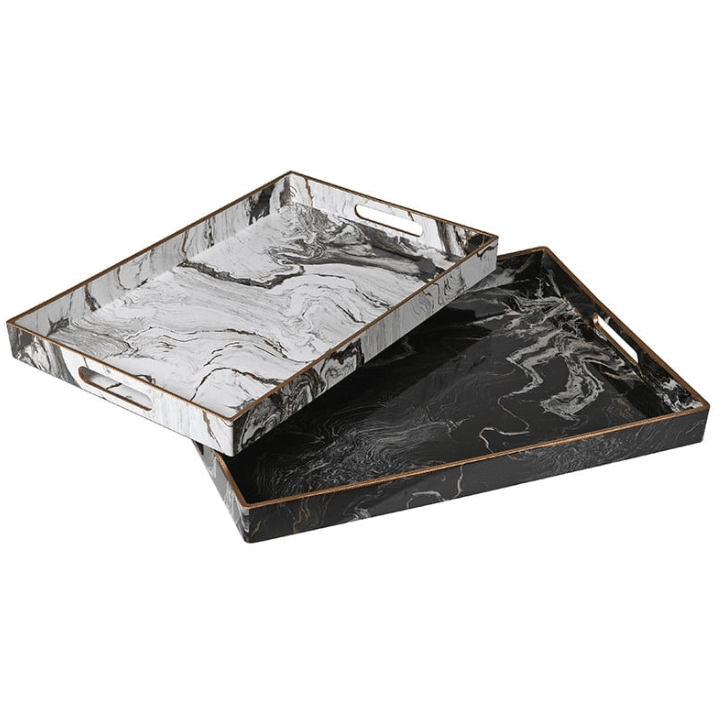 set of two black and white marble effect trays