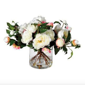 white Peony arrangement in a glass vase