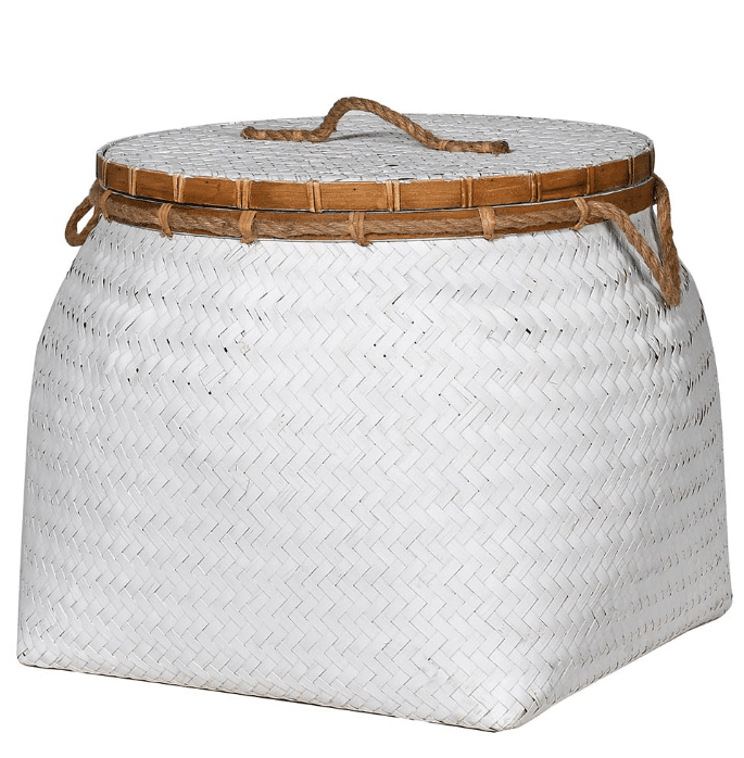 white rattan basket with lid