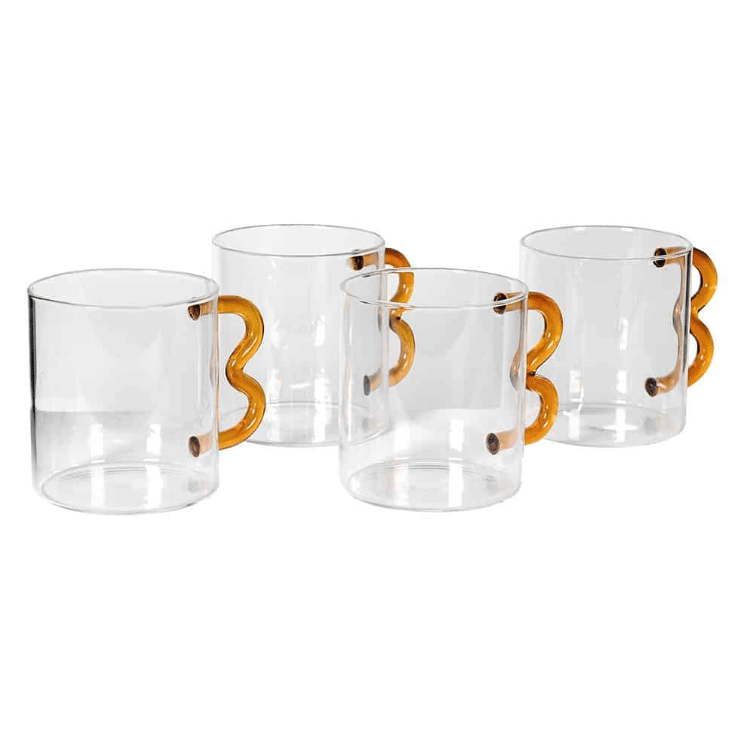 Amber Wave Handle Glass Mugs – Set of 4