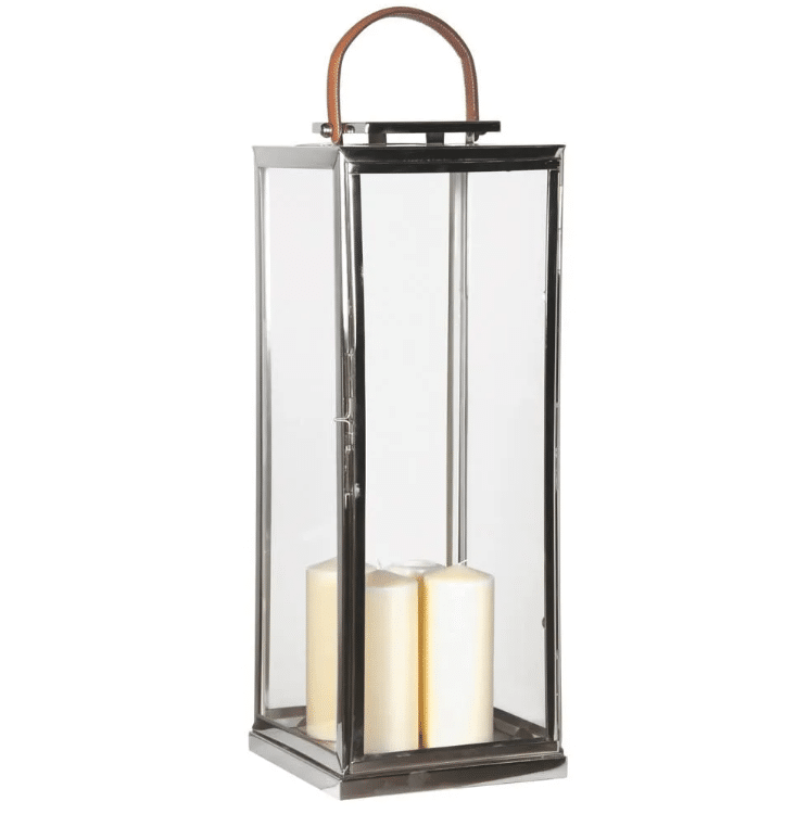 large chrome lantern with tan leather handle