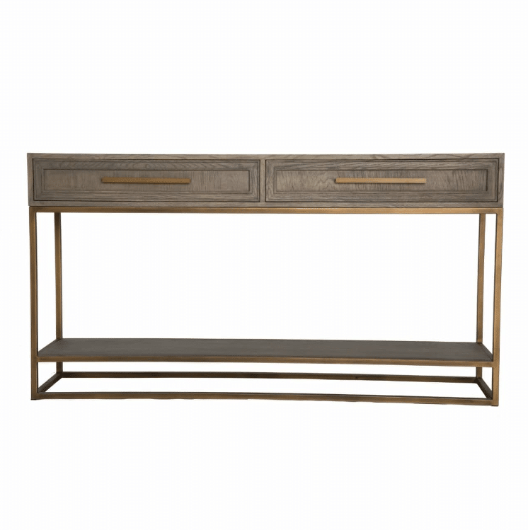 fumed grey oak console table with bronze details
