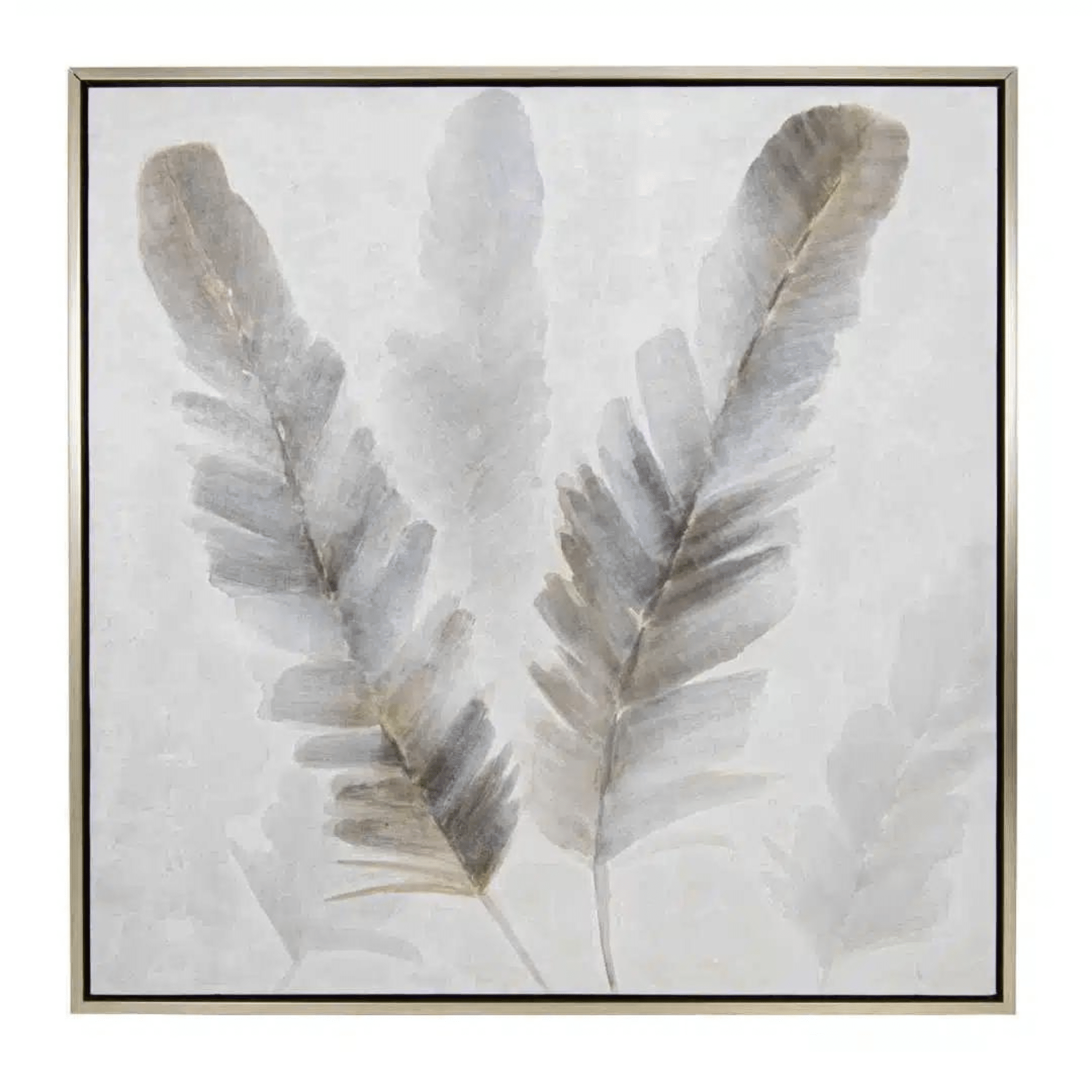 large square grey feather wall art in champagne frame