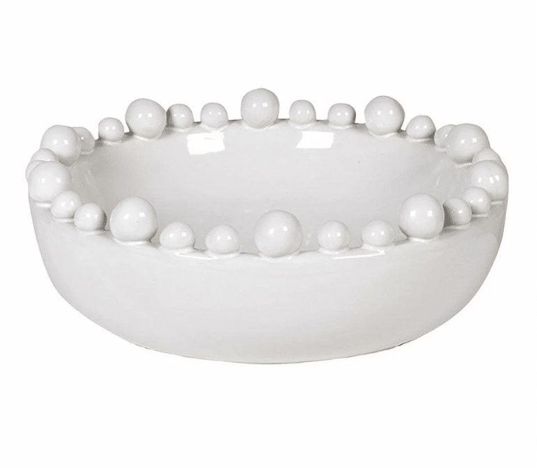 white glazed sphere bobble rim bowl