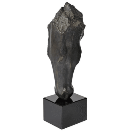 abstract black horse head sculpture on black plinth