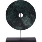 green marble disc sculpture on black iron stand 41cm high