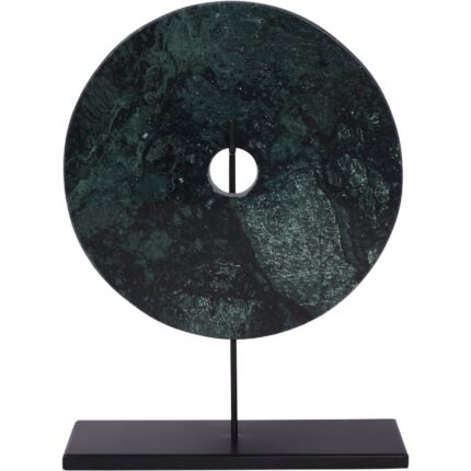 green marble disc sculpture on black iron stand 41cm high