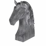 grey carved wooden horse head sculpture
