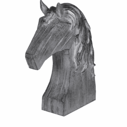 grey carved wooden horse head sculpture