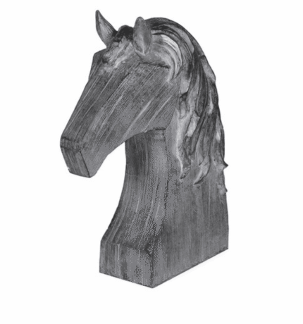 grey carved wooden horse head sculpture