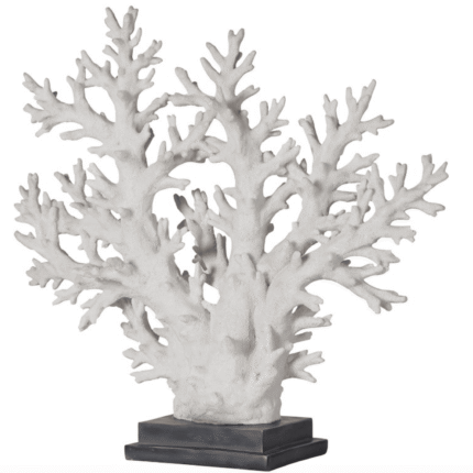 large white faux coral tree sculpture on iron stand