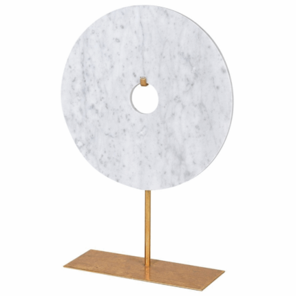 large white Marble Disc sculpture on gold Stand