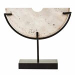 small travertine half-moon sculpture on black metal stand, 35cm wide