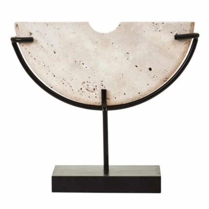 small travertine half-moon sculpture on black metal stand, 35cm wide