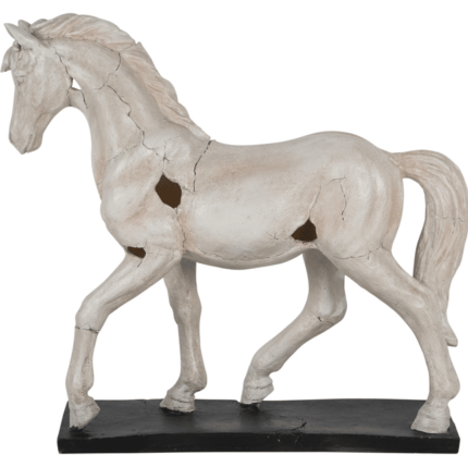 White aged horse sculpture with weathered finish on a black wooden base