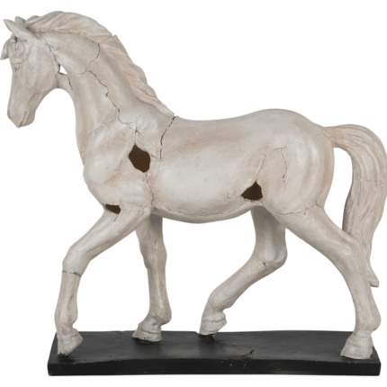 White aged horse sculpture with weathered finish on a black wooden base