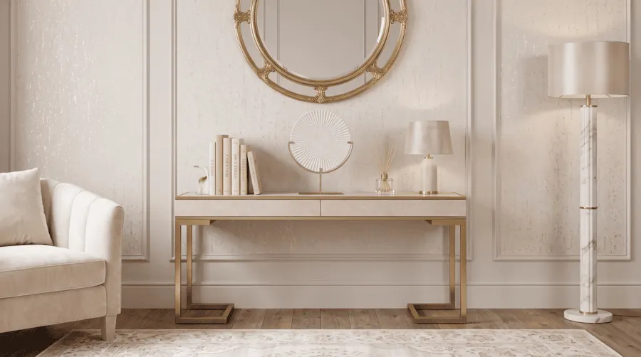 white circular disc ornament on golden stand in soft glam room