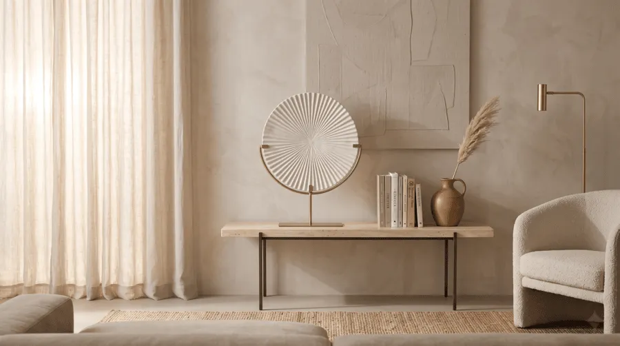 white circular disc sculpture on gold stand in a cozy home setting