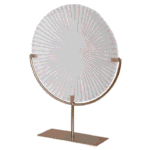 white circular disc sculpture on gold stand