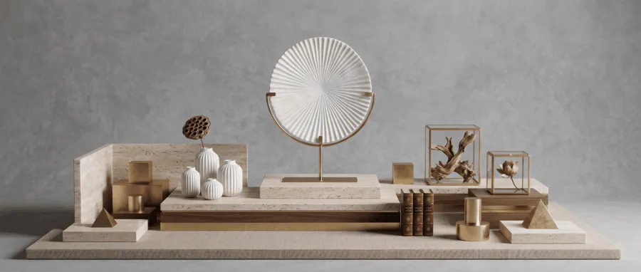 white resin circular round disc sculpture on gold stand studio shot