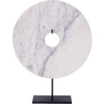 modern white marble disc sculpture on black iron display stand