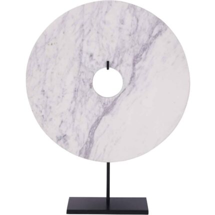 modern white marble disc sculpture on black iron display stand