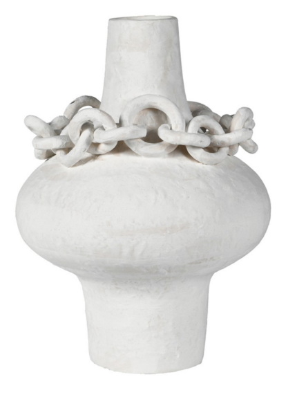 Off-White Ceramic Vase with Sculptural Chain Detail in a matte textured finish