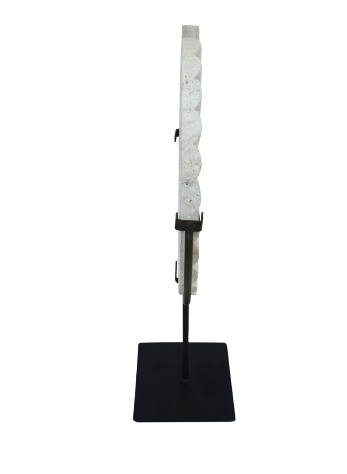 Tibor Travertine Ridged Disc Sculpture with Black Metal Base