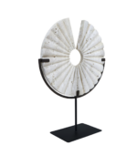 Tibor Travertine Ridged Disc Sculpture with Black Metal Base
