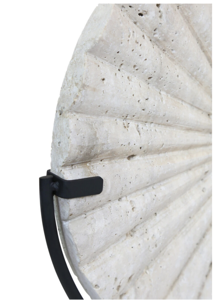 Tibor Travertine Ridged Disc Sculpture with Black Metal Base