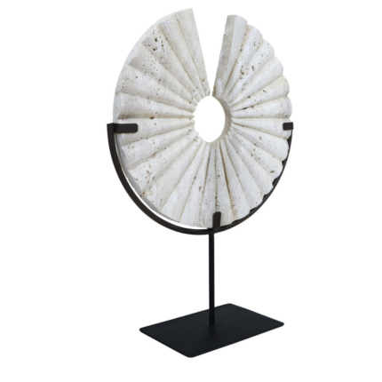 Tibor Travertine Ridged Disc Sculpture with Black Metal Base
