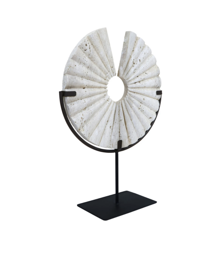 Tibor Travertine Ridged Disc Sculpture with Black Metal Base