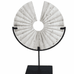 Tibor Travertine Ridged Disc Sculpture with Black Metal Base