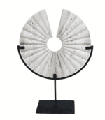 Tibor Travertine Ridged Disc Sculpture with Black Metal Base