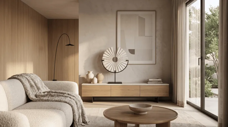 handmade circular travertine round disc sculpture in a minimalistic home setting