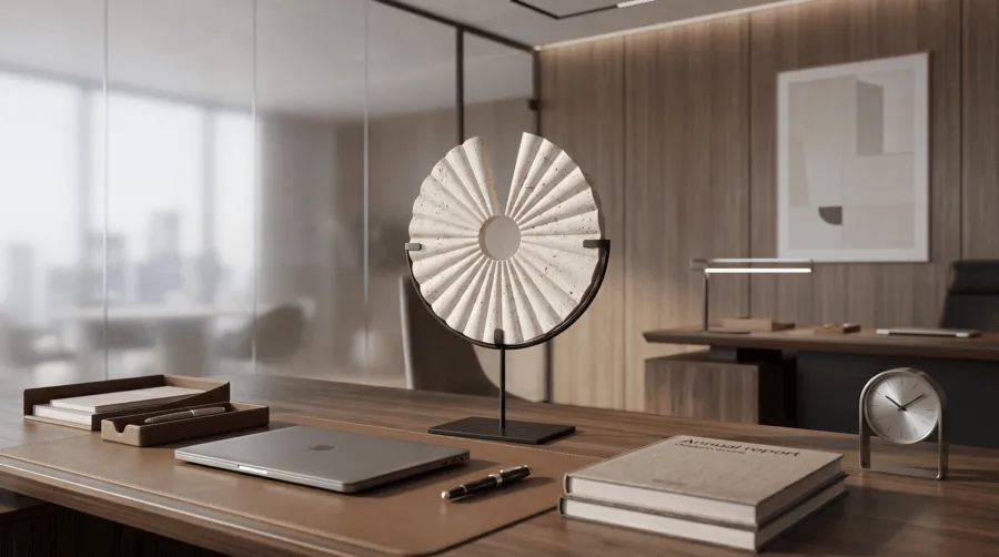 handmade limestone circular disc ornament in an office setting