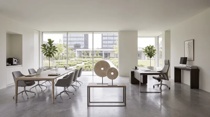 large and medium circular cream marble discs in an office setting