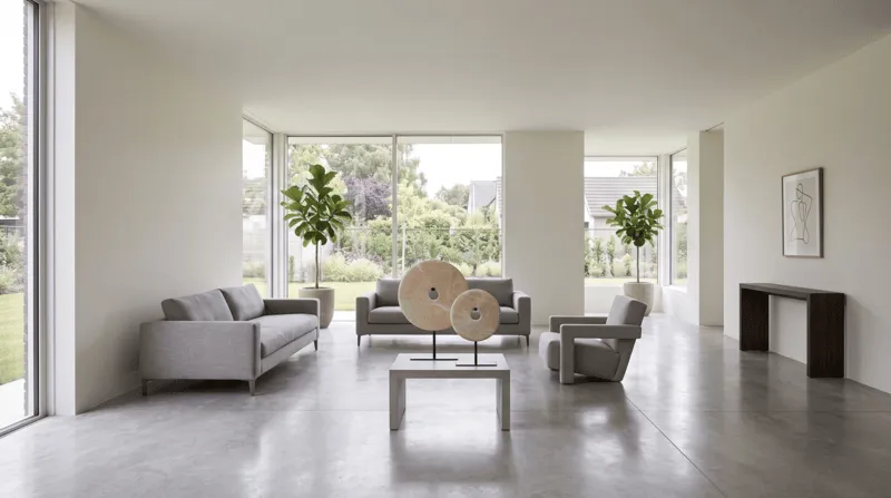modern round cream marble disc sculptures large and medium in a minimalistic room