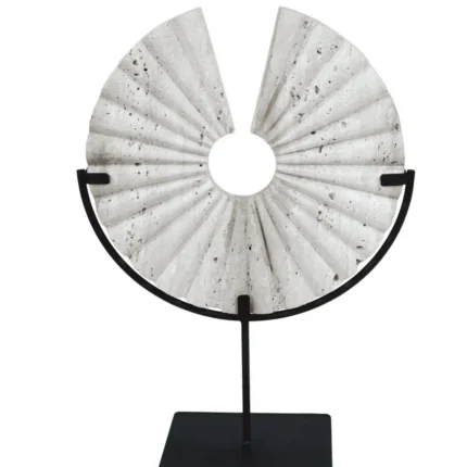 modern handmade travertine round disc sculpture on a black metal stand